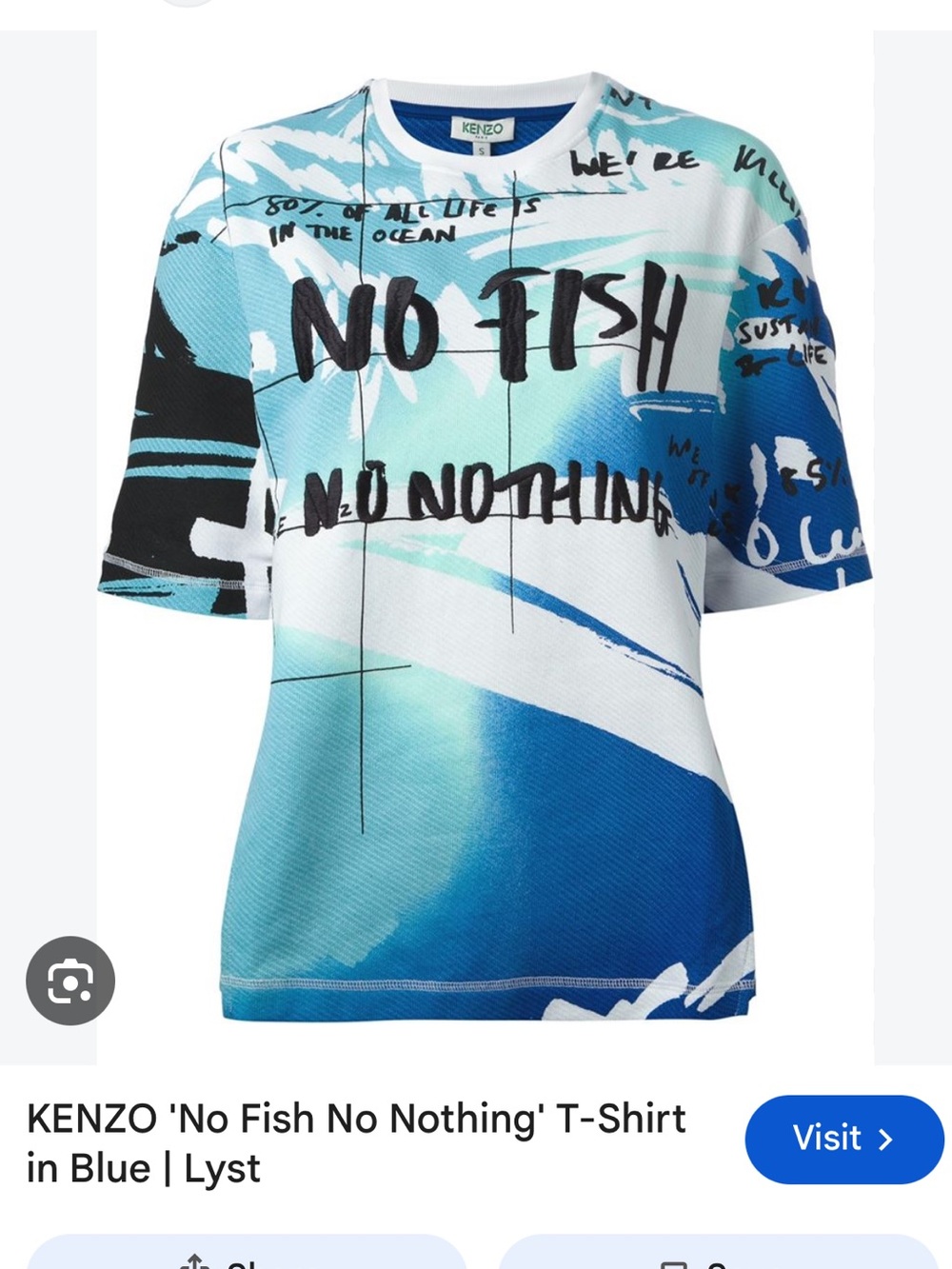 Kenzo Blue & Aqua Graphic 'No Fish No Nothing' Short Sleeve Tee
